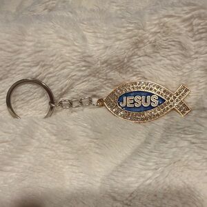 Gold Jesus Ichthys Keychain with Blue Inlay